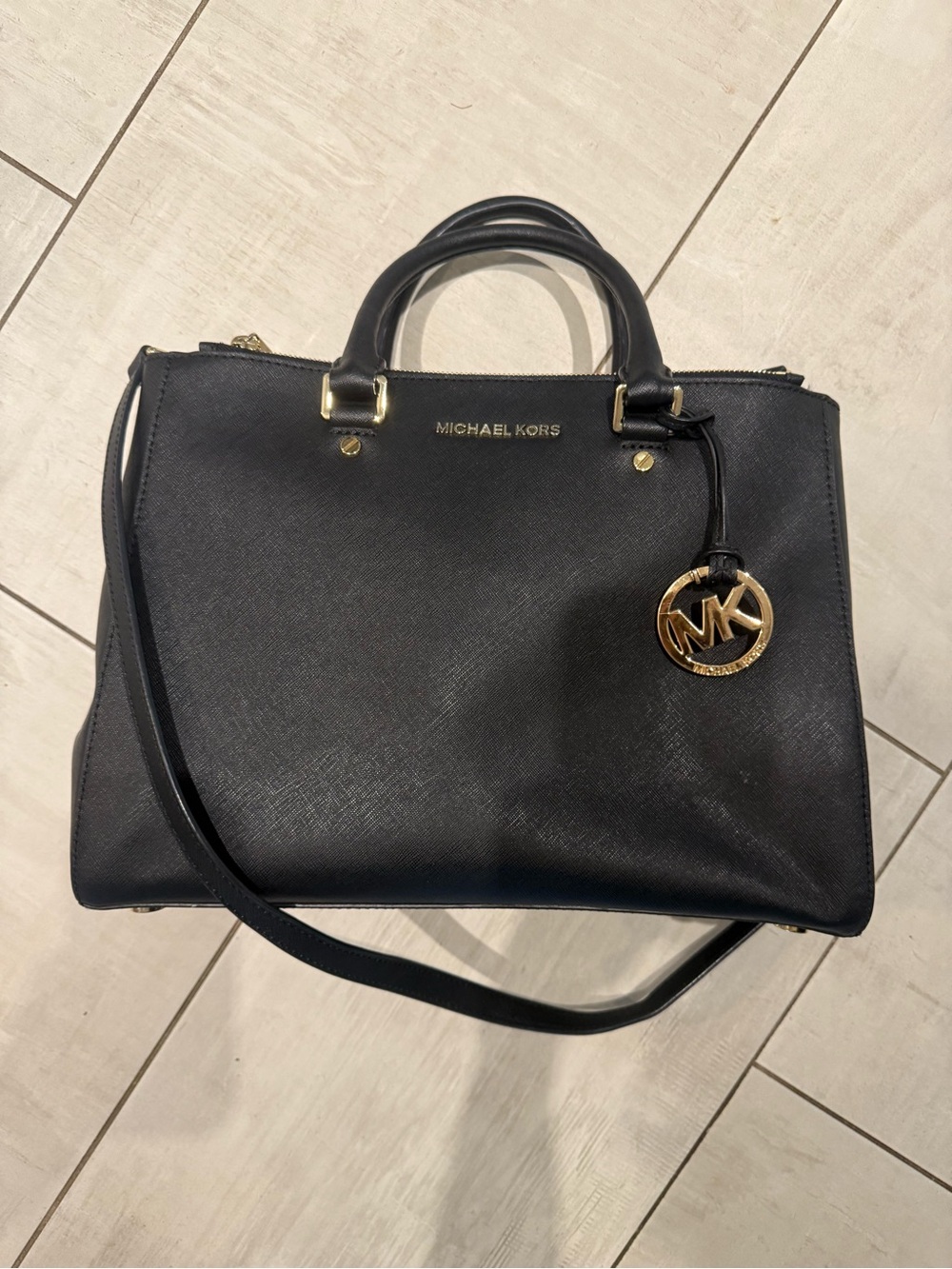 Michael Kors Black Leather Satchel with Gold MK Charm